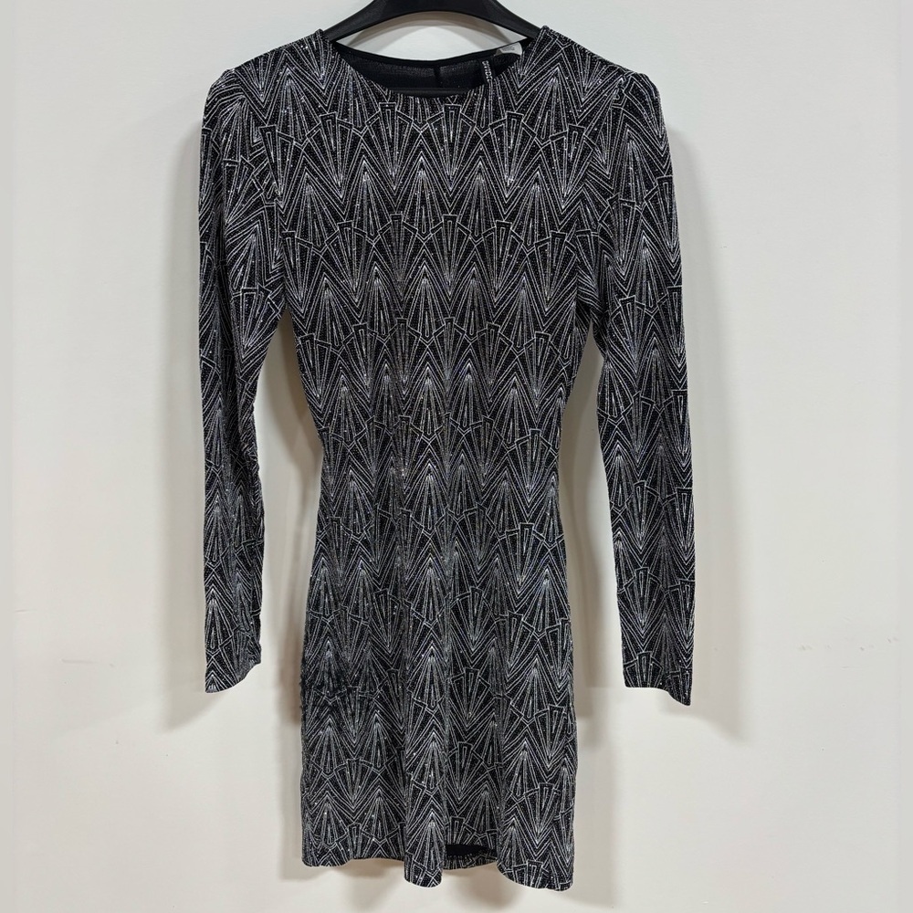 Chic Black and Silver Long Sleeve Dress With Dramatic Open Back